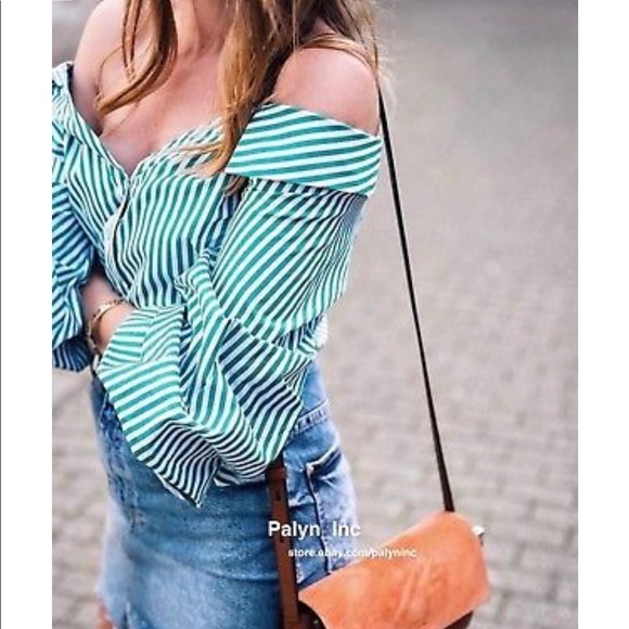 NWT Zara Green White Striped Open Neck Button Down - Picture 6 of 8